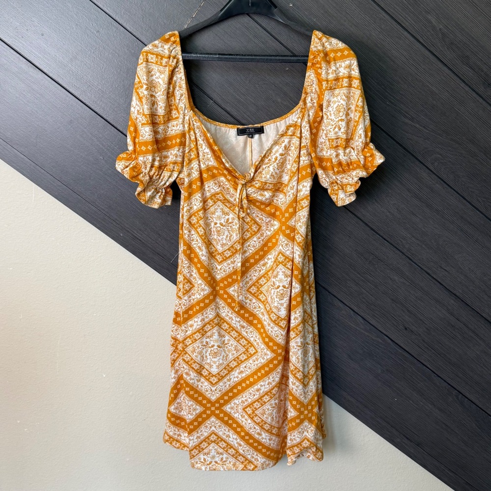 Vibe Sportswear Women's Plus Peasant Mini Dress 2X Mustard Boho Cottagecore